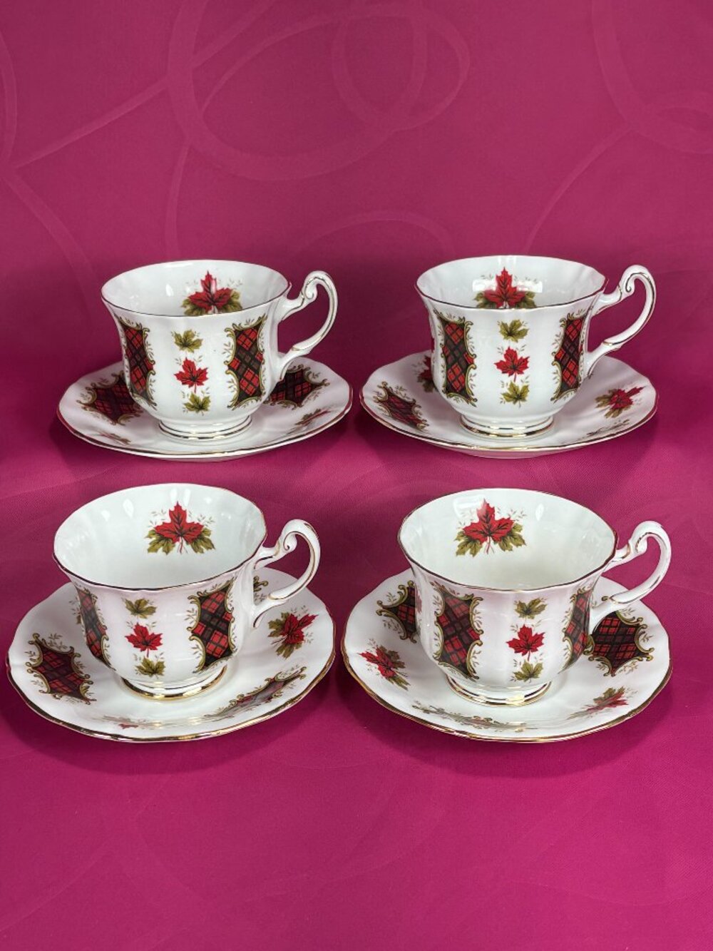 4 sets of beautiful tea cups & saucers. Royal Adderley UK Maple Leaf Tartan